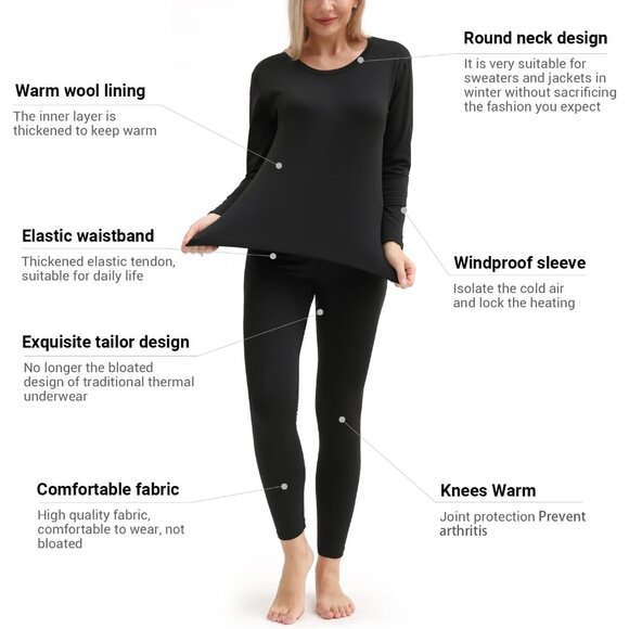 Women Thermal Underwear Set Ultra-Soft Base Layer Skiing Winter Warm Top & Botto - Picture 3 of 5